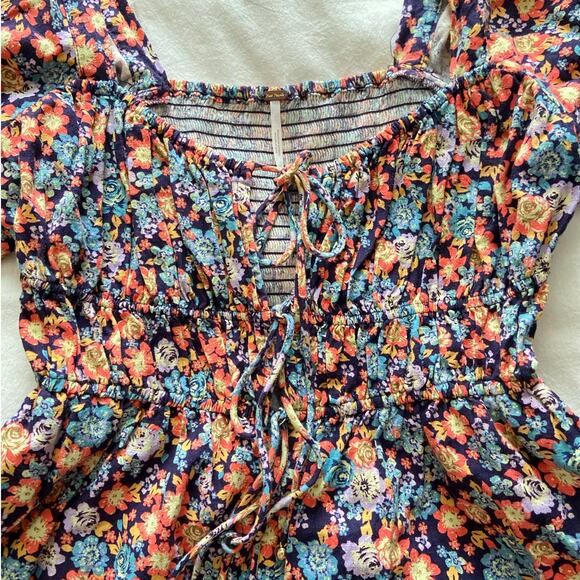 Free People Show Me Love Linen Blend Floral Romper Puff Sleeve Pockets Medium - Picture 7 of 13